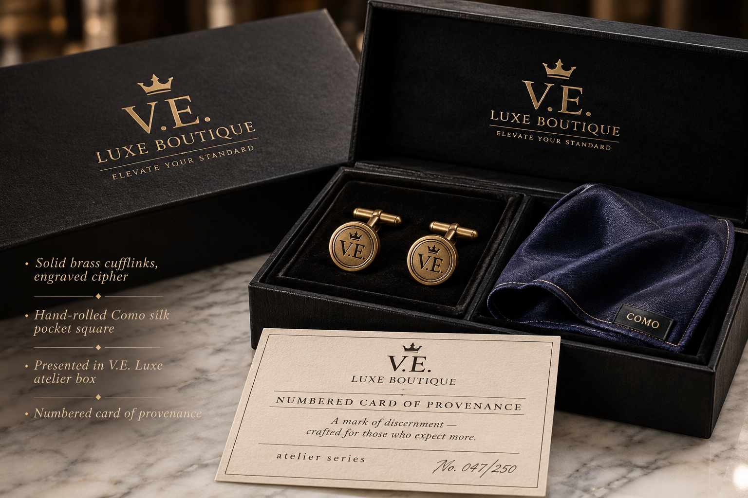 Brass Signature Cufflinks & Silk Set